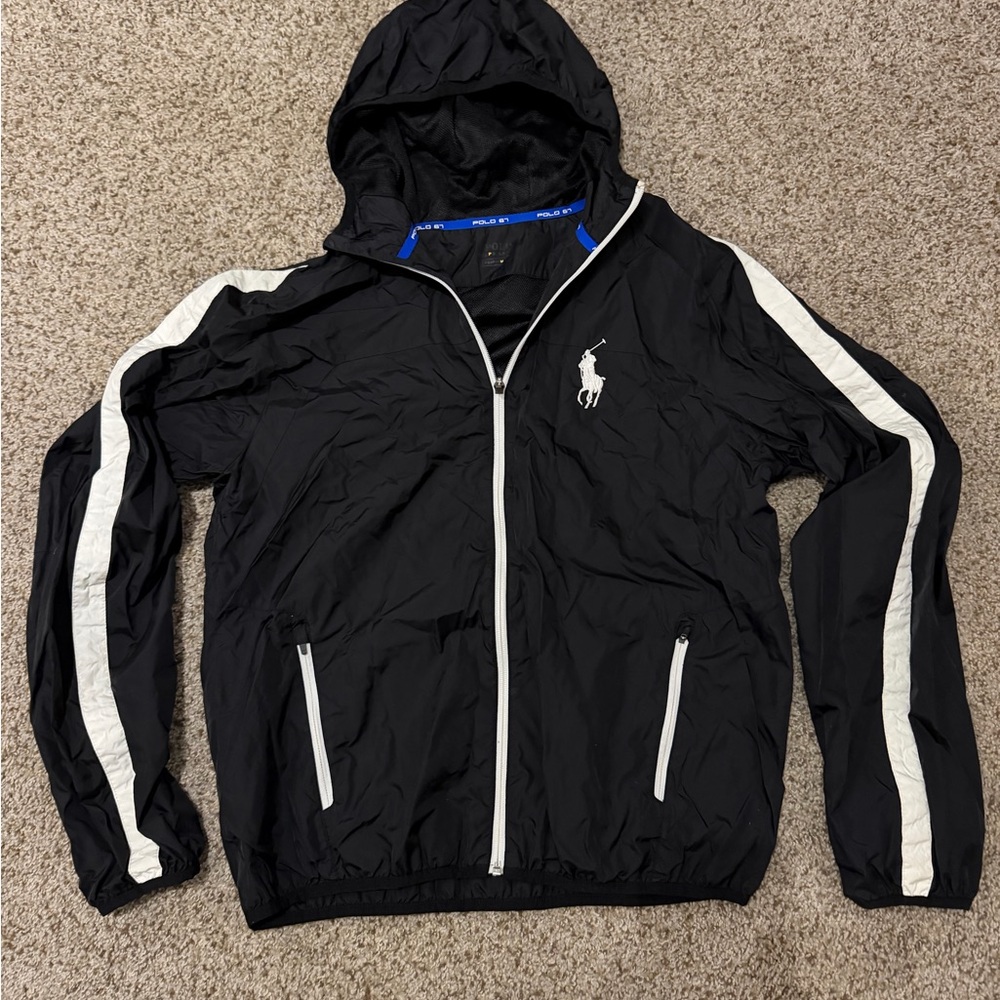 Polo 67 by Ralph Lauren Black Performance Windbreaker with White Stripes